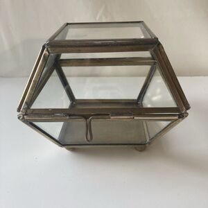 Vintage Brass Glass Footed Curio Jewelry Trinket Hinged Box Boho MCM Minimalist